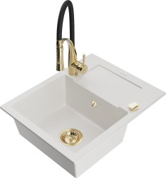 MEXEN/S - Enzo granitový dřez 1 s odkapávačem včetně baterie Aster, bílá (6506-20-73450-57-G)