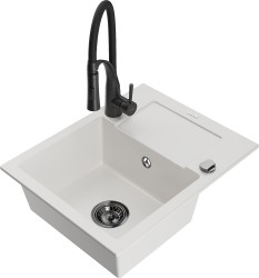 MEXEN/S - Enzo granitový dřez 1 s odkapávačem včetně baterie Aster, bílá (6506-20-73450-70-B)