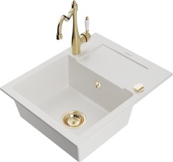 MEXEN/S - Enzo granitový dřez 1 s odkapávačem včetně baterie Carla, bílá (6506-20-670700-50)