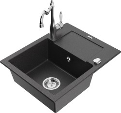 MEXEN/S - Enzo granitový dřez 1 s odkapávačem včetně baterie Carla, černá kropenatá (6506-76-670700-00)
