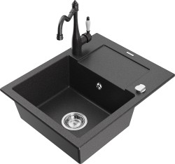 MEXEN/S - Enzo granitový dřez 1 s odkapávačem včetně baterie Carla, černá kropenatá (6506-76-670700-76)