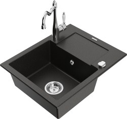 MEXEN/S - Enzo granitový dřez 1 s odkapávačem včetně baterie Carla, černá/zlatá metalik (6506-75-670700-00)