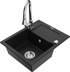 MEXEN/S - Enzo granitový dřez 1 s odkapávačem včetně baterie Elia, černá (6506-77-670101-00)