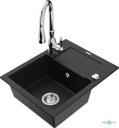 MEXEN/S - Enzo granitový dřez 1 s odkapávačem včetně baterie Savita, černá (6506-77-672601-00)
