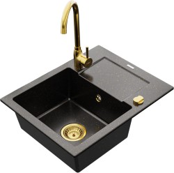MEXEN/S - Enzo granitový dřez 1 s odkapávačem včetně baterie Telma, černá/zlatý (6506-75-670200-50)
