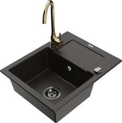 MEXEN/S - Enzo granitový dřez s odkapávačem včetně baterie Telma, černá/zlatá (6506-75-670200-50-B)