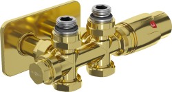 MEXEN/S - G00 úhlová termostatická souprava pro radiátor/středová + krycí rozeta S, Duplex, DN50, zlatá (W908-900-910-50)