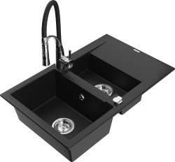 MEXEN/S - Gaspar granitový dřez 1.5 s odkapávačem včetně baterie Aster, černá (6507-77-73450-07)