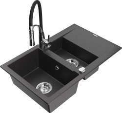 MEXEN/S - Gaspar granitový dřez 1.5 s odkapávačem včetně baterie Aster, černá kropenatá (6507-76-73450-07)