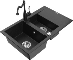 MEXEN/S - Gaspar granitový dřez 1.5 s odkapávačem včetně baterie Carla černá/srebrny metalik (6507-73-670700-70)
