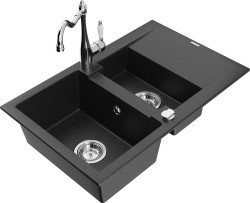 MEXEN/S - Gaspar granitový dřez 1.5 s odkapávačem včetně baterie Carla černá/stříbrná metalik (6507-73-670700-00)