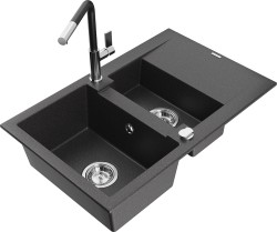 MEXEN/S - Gaspar granitový dřez 1.5 s odkapávačem včetně baterie Flora, černá kropenatá (6507-76-670401-07)