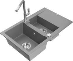 MEXEN/S - Gaspar granitový dřez 1.5 s odkapávačem včetně baterie Flora, šedá (6507-71-670401-06)