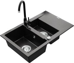 MEXEN/S - Gaspar granitový dřez 1.5 s odkapávačem včetně baterie Telma, černá/stříbrný (6507-73-670200-70)