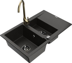 MEXEN/S - Gaspar granitový dřez 1.5 s odkapávačem včetně baterie Telma, černá/zlatá (6507-75-670200-50-B)
