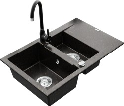 MEXEN/S - Gaspar granitový dřez 1.5 s odkapávačem včetně baterie Telma, černá/zlatý (6507-75-670200-70)