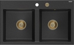 MEXEN/S - Hektor granitový dřez 2-bowl 800 x 480 mm, černá/stříbrná metalik, zlatý sifon (6521802000-73-G)