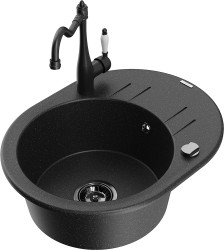 MEXEN/S - Kevin granitový dřez 1-miska s odkapávačem včetně baterie Carla, černá/stříbrná metalik (6517-73-670700-70-B)