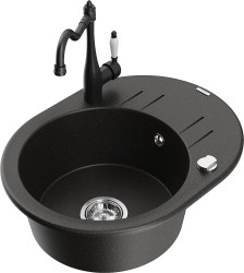 MEXEN/S - Kevin granitový dřez 1-miska s odkapávačem včetně baterie Carla, černá/zlatá metalik (6517-75-670700-70)