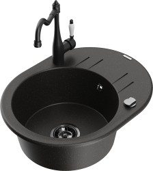 MEXEN/S - Kevin granitový dřez 1-miska s odkapávačem včetně baterie Carla, černá/zlatá metalik (6517-75-670700-70-B)