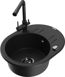 MEXEN/S - Kevin granitový dřez 1-miska s odkapávačem včetně baterie Duero, černá (6517-77-671600-70-B)