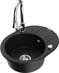 MEXEN/S - Kevin granitový dřez 1-miska s odkapávačem včetně baterie Elia, černá (6517-77-670101-00)