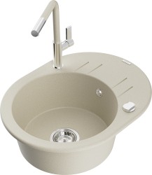 MEXEN/S - Kevin granitový dřez 1-miska s odkapávačem včetně baterie Flora, béžová (6517-69-670401-09)