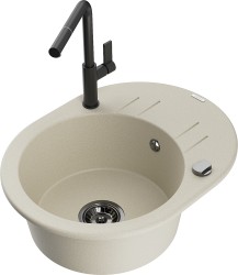 MEXEN/S - Kevin granitový dřez 1-miska s odkapávačem včetně baterie Flora, béžová (6517-69-670401-70-B)