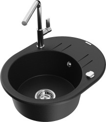MEXEN/S - Kevin granitový dřez 1-miska s odkapávačem včetně baterie Flora, černá (6517-77-670401-00)