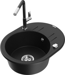 MEXEN/S - Kevin granitový dřez 1-miska s odkapávačem včetně baterie Flora, černá (6517-77-670401-07)