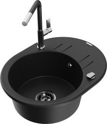 MEXEN/S - Kevin granitový dřez 1-miska s odkapávačem včetně baterie Flora, černá (6517-77-670401-07-B)