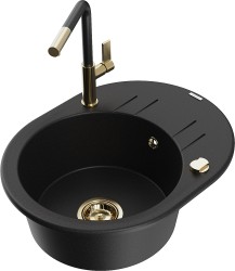 MEXEN/S - Kevin granitový dřez 1-miska s odkapávačem včetně baterie Flora, černá (6517-77-670401-57-G)