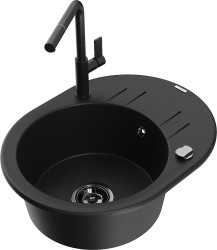 MEXEN/S - Kevin granitový dřez 1-miska s odkapávačem včetně baterie Flora, černá (6517-77-670401-70-B)