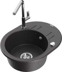 MEXEN/S - Kevin granitový dřez 1-miska s odkapávačem včetně baterie Flora, černá kropenatá (6517-76-670401-00)