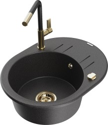 MEXEN/S - Kevin granitový dřez 1-miska s odkapávačem včetně baterie Flora, černá kropenatá (6517-76-670401-57-G)