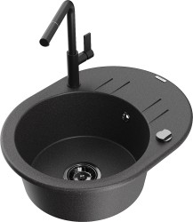 MEXEN/S - Kevin granitový dřez 1-miska s odkapávačem včetně baterie Flora, černá kropenatá (6517-76-670401-70-B)