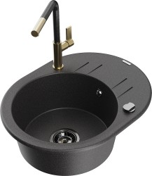 MEXEN/S - Kevin granitový dřez 1-miska s odkapávačem včetně baterie Flora, černá kropenatá (6517-76-670401-75-B)