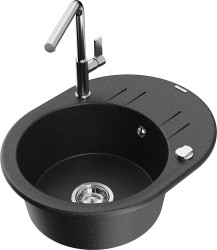 MEXEN/S - Kevin granitový dřez 1-miska s odkapávačem včetně baterie Flora, černá/srebrny metalik (6517-73-670401-00)