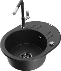 MEXEN/S - Kevin granitový dřez 1-miska s odkapávačem včetně baterie Flora, černá/srebrny metalik (6517-73-670401-07-B)