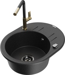 MEXEN/S - Kevin granitový dřez 1-miska s odkapávačem včetně baterie Flora, černá/srebrny metalik (6517-73-670401-57-B)