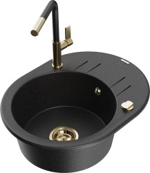 MEXEN/S - Kevin granitový dřez 1-miska s odkapávačem včetně baterie Flora, černá/srebrny metalik (6517-73-670401-57-G)