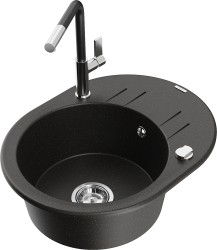 MEXEN/S - Kevin granitový dřez 1-miska s odkapávačem včetně baterie Flora, černá/zlatá metalik (6517-75-670401-07)