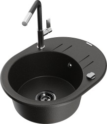 MEXEN/S - Kevin granitový dřez 1-miska s odkapávačem včetně baterie Flora, černá/zlatá metalik (6517-75-670401-07-B)