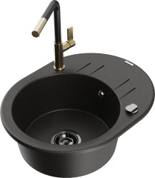 MEXEN/S - Kevin granitový dřez 1-miska s odkapávačem včetně baterie Flora, černá/zlatá metalik (6517-75-670401-57-B)