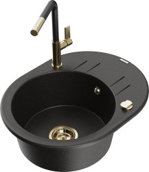 MEXEN/S - Kevin granitový dřez 1-miska s odkapávačem včetně baterie Flora, černá/zlatá metalik (6517-75-670401-57-G)