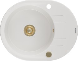 MEXEN/S - Kevin granitový dřez 1 s odkapávačem 586x458 mm, bílá, + zlatý sifon (6517581005-20-G)