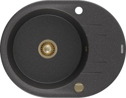 MEXEN/S - Kevin granitový dřez 1 s odkapávačem 586x458 mm, černá kropenatá, + zlatý sifon (6517581005-76-G)