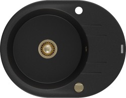 MEXEN/S - Kevin granitový dřez 1 s odkapávačem 586x458 mm, černá, + zlatý sifon (6517581005-77-G)