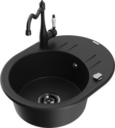 MEXEN/S - Kevin granitový dřez 1 s odkapávačem včetně baterie Carla, černá (6517-77-670700-70-B)
