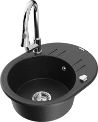 MEXEN/S - Kevin granitový dřez 1 s odkapávačem včetně baterie Elia, černá/stříbrná metalik (6517-73-670101-00)